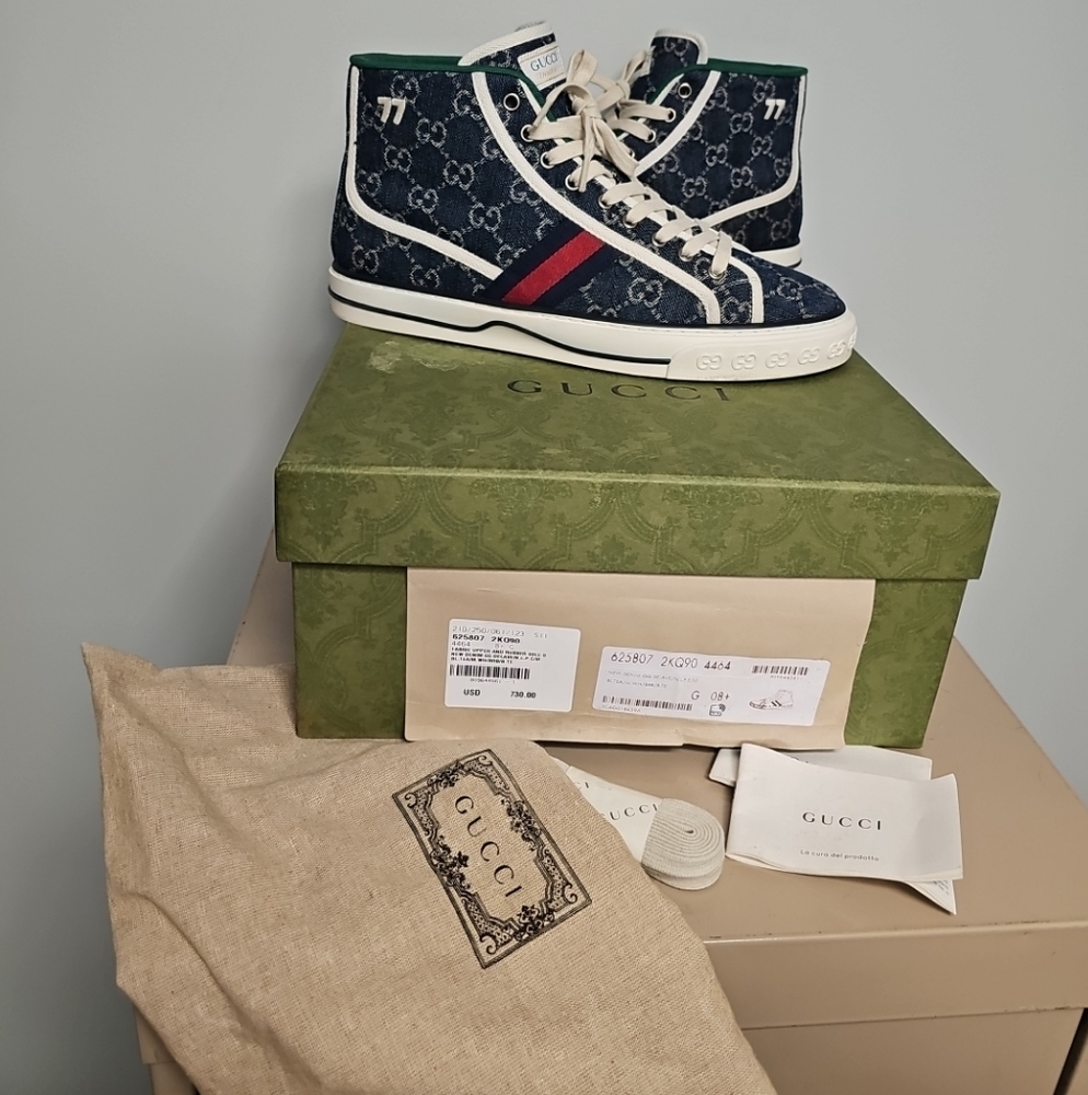 Gucci 1977 Tennis High Top Sneakers GG Monogram Denim Blue Men Size 8.5